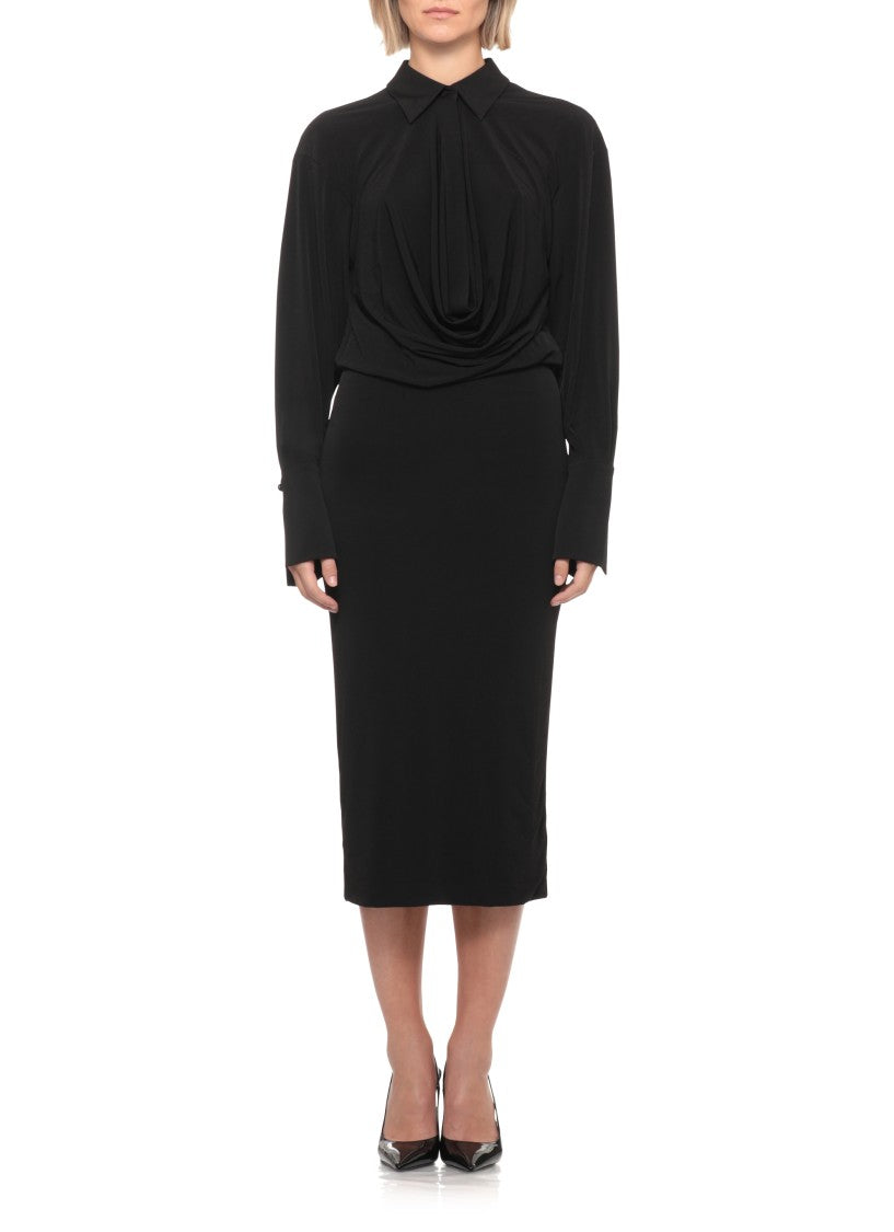 The Andamane Black High-Neck Draped Midi Dress
