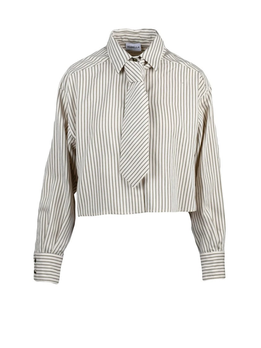 Marella Cropped Beige Shirt With Vertical Green Stripes And Attached Necktie
