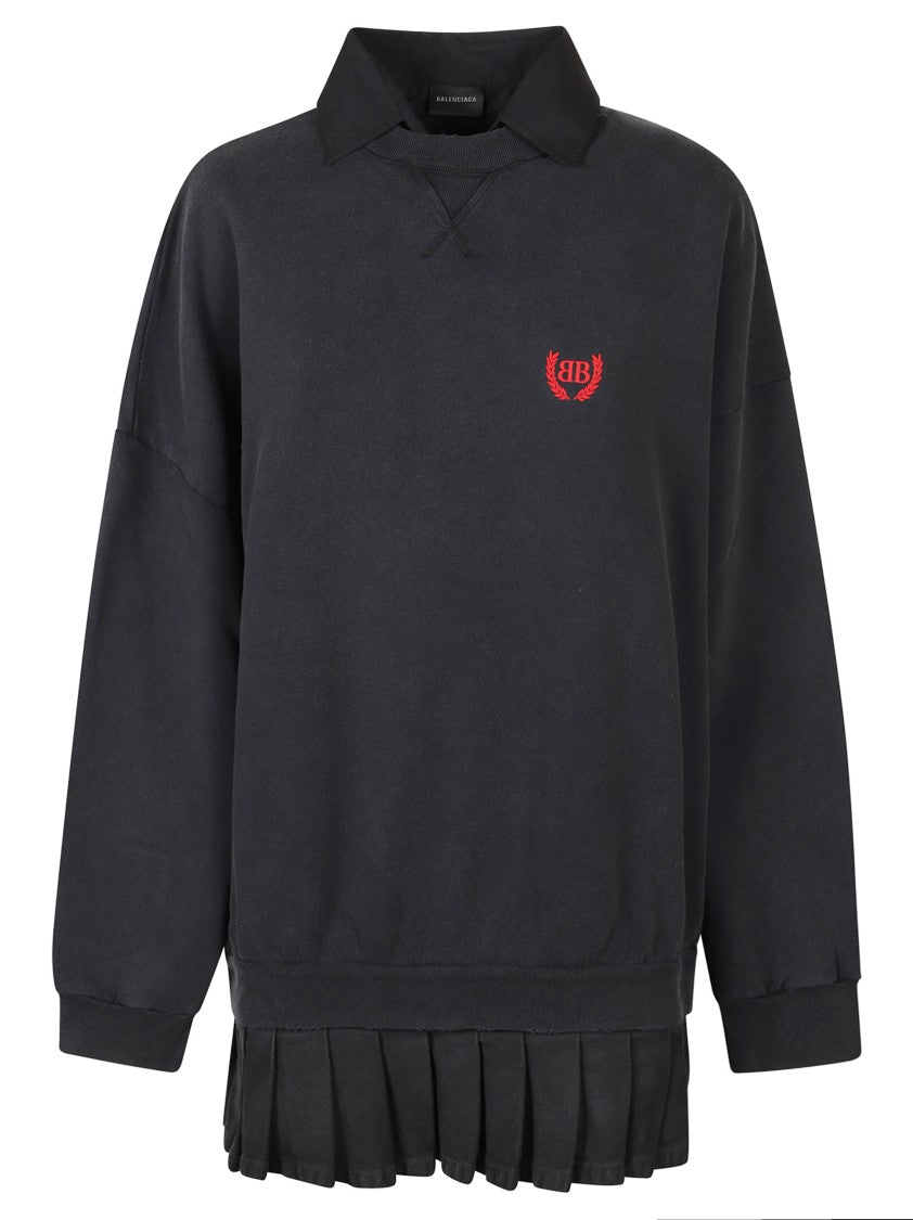 Balenciaga Relaxed Fit Polo Collar Dress With Pleated Skirt And Embroidered Logo