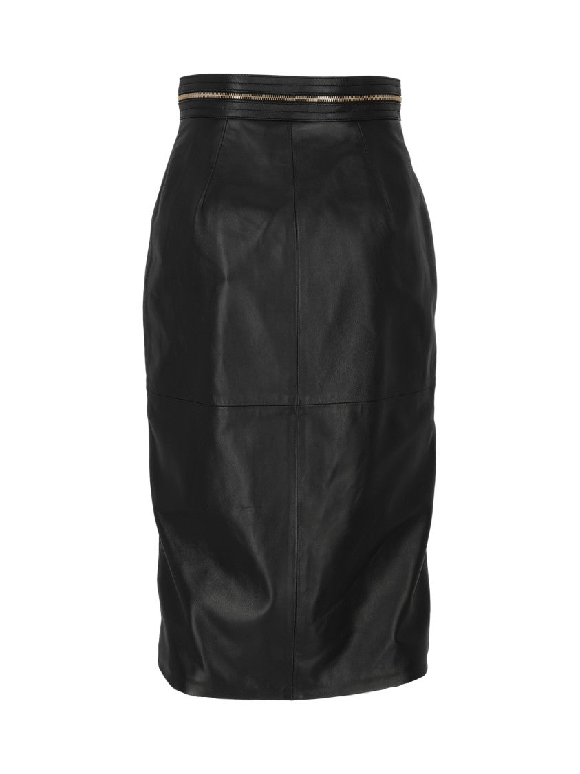 Elisabetta Franchi Fitted Black Sheepskin Leather Skirt With Front Zipper
