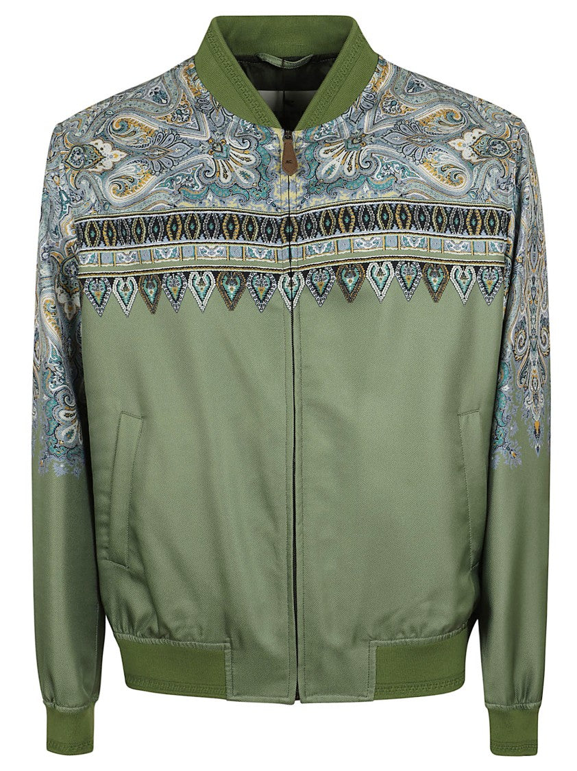 Etro Paisley Print Silk Bomber Jacket With Jacquard Trim