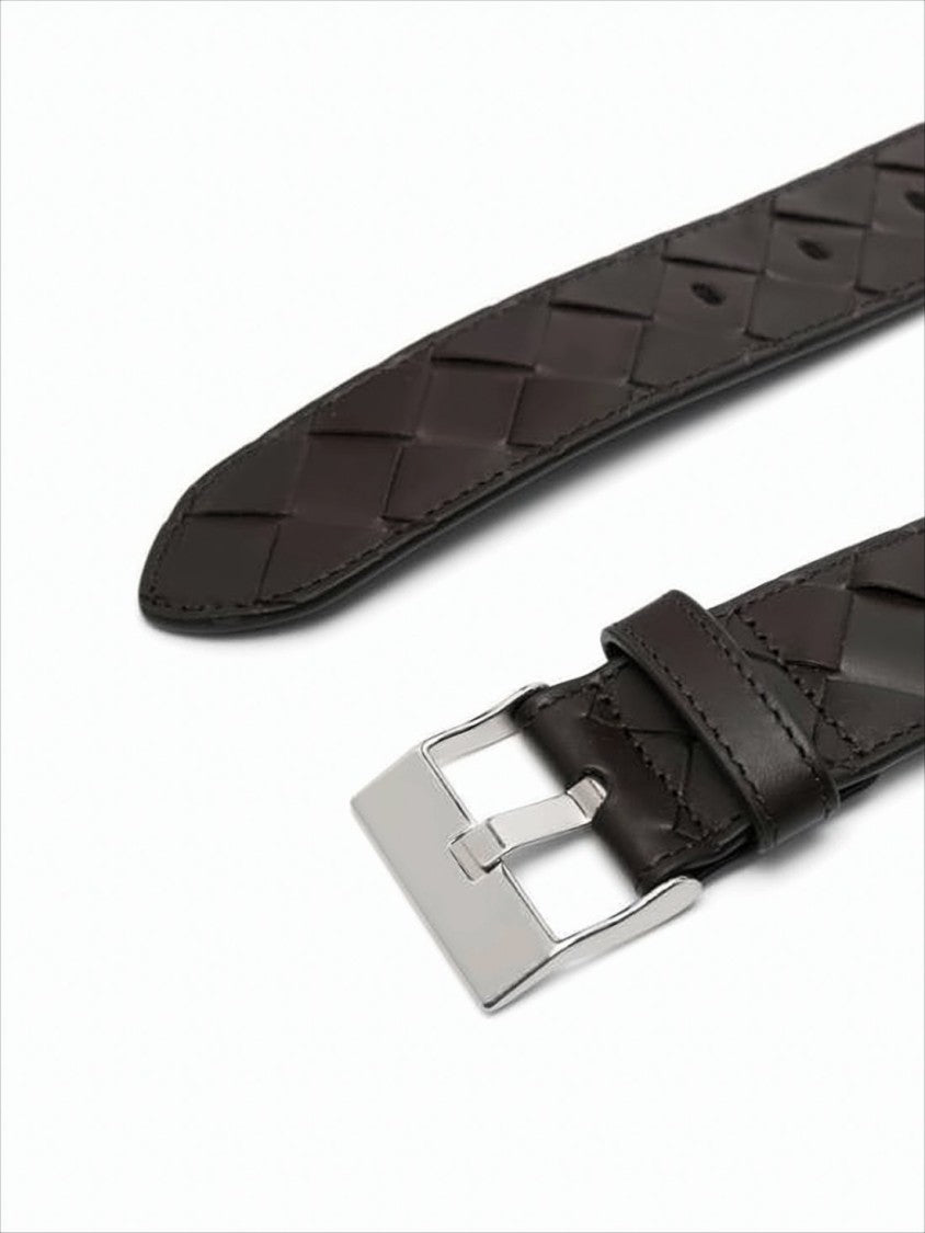 Bottega Veneta Woven Calf Leather Belt With Rectangular Silver Buckle