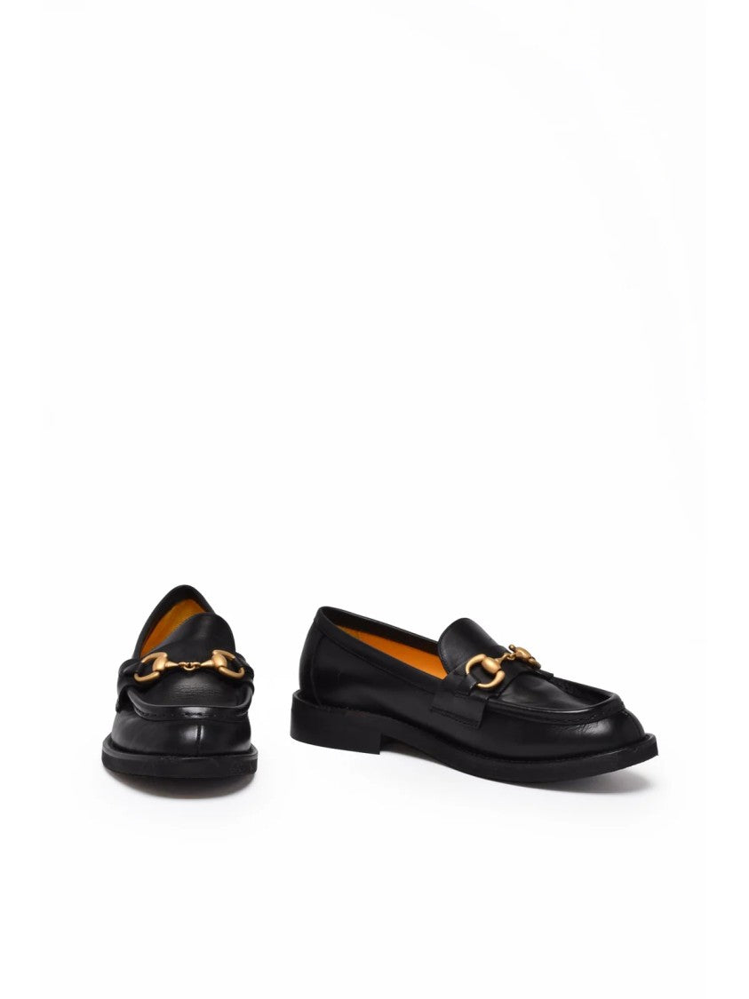 Mara Bini Black Low Heel Gold Accent Leather Loafers