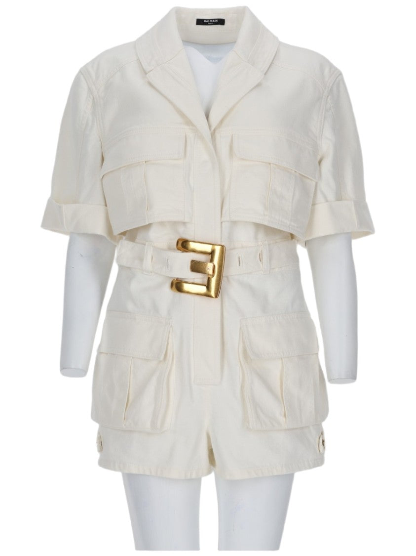Balmain Structured Belted Waist Cotton Denim Jumpsuit
