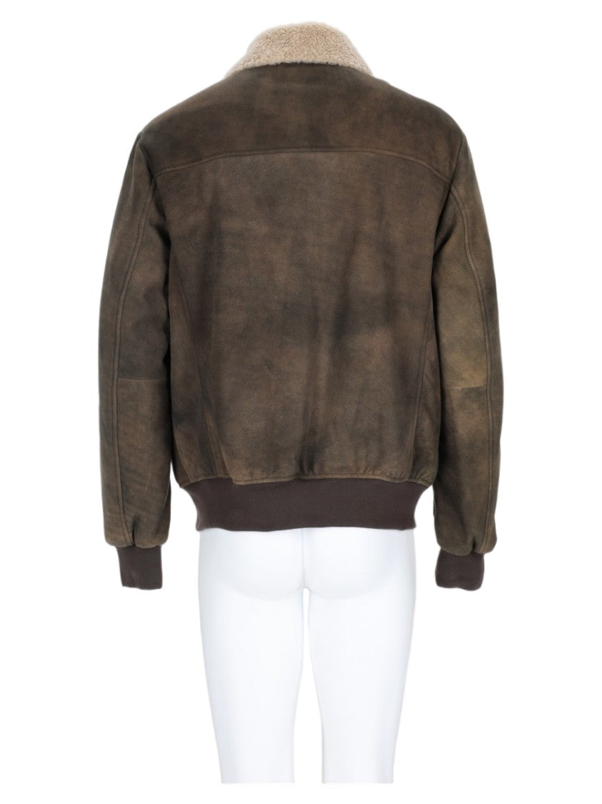 Colamarino Rugged Distressed Leather Jacket With Plush Shearling Collar