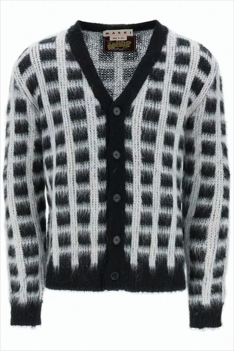 Marni Checkered Textured Cardigan With V-Neckline And Ribbed Accents