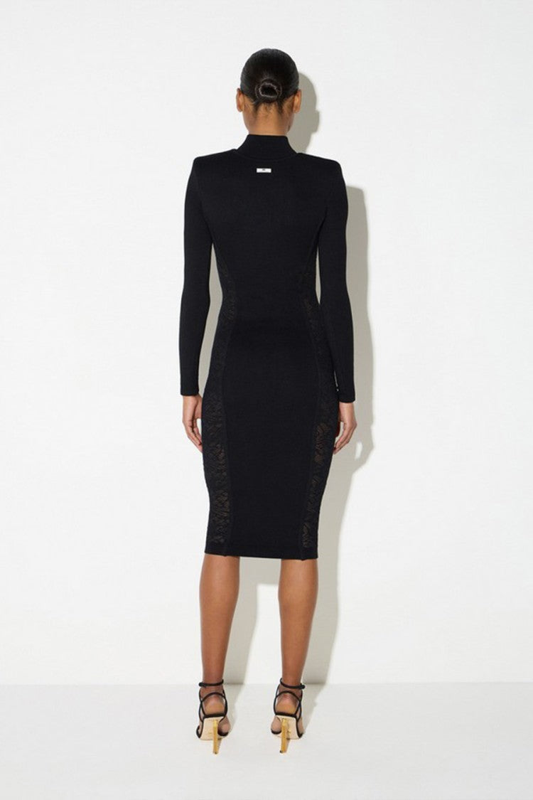 Elisabetta Franchi Black Cutout Sheer Lace Panel Viscose-Blend Mini Dress