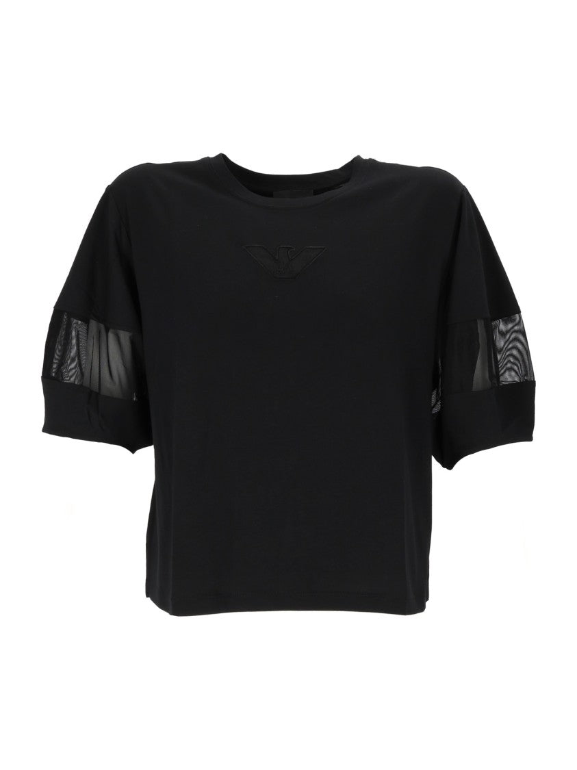 Emporio Armani Cropped Black Jumper With Sheer Mesh Panels And Embossed Logo