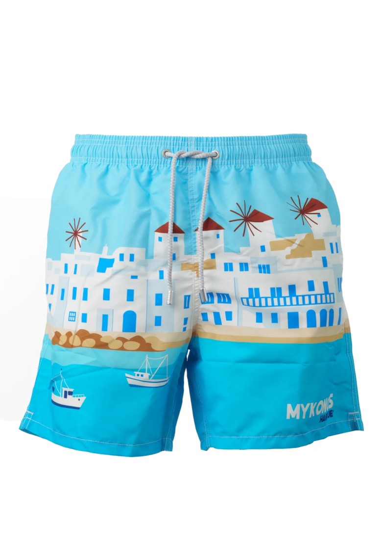 Mc2 Saint Barth Men's Swimwear Shorts With Vibrant Seaside Town Print