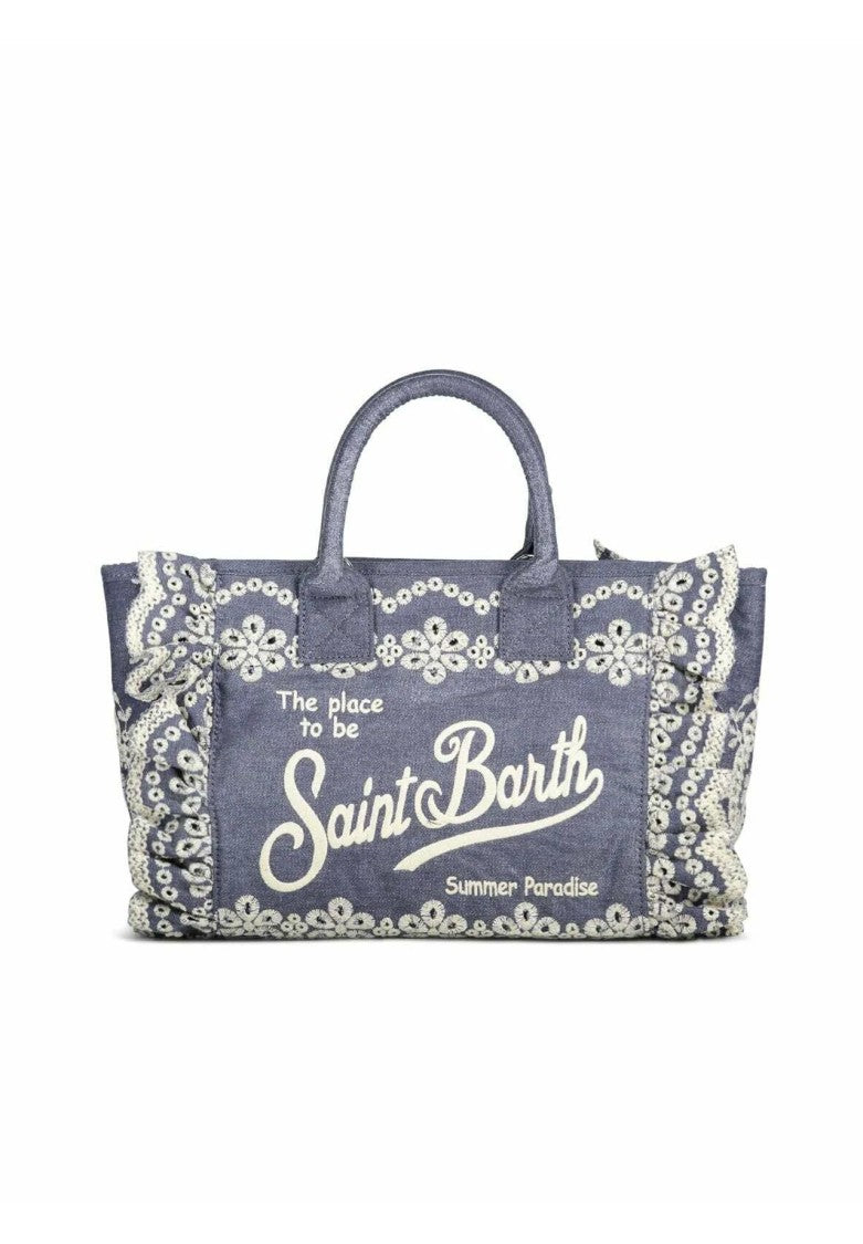 Mc2 Saint Barth Rectangular Blue Tote Bag With Lace-Embroidered Edges