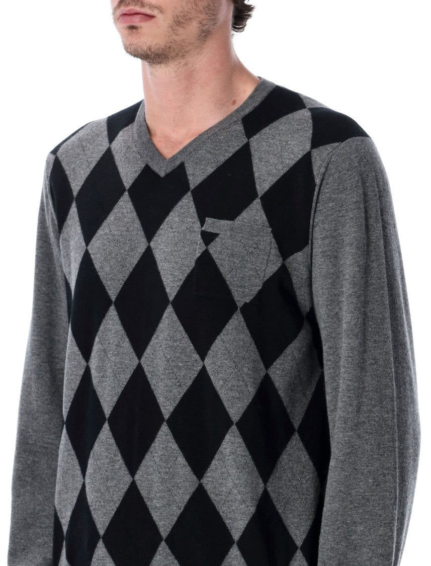 Ferragamo Grey Virgin Wool Argyle V-Neck Sweater