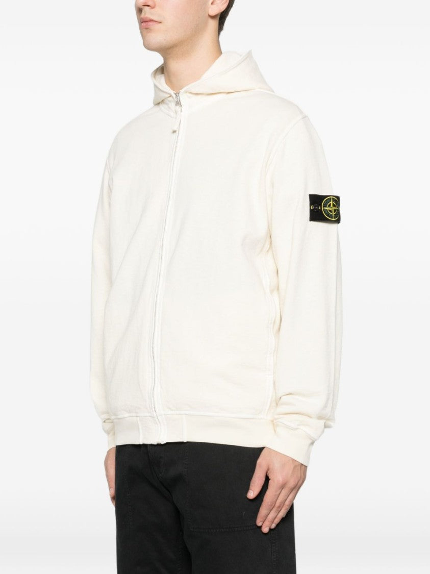 Stone Island Ivory Cotton Hooded Sweatshirt With Distinctive Compass Patch