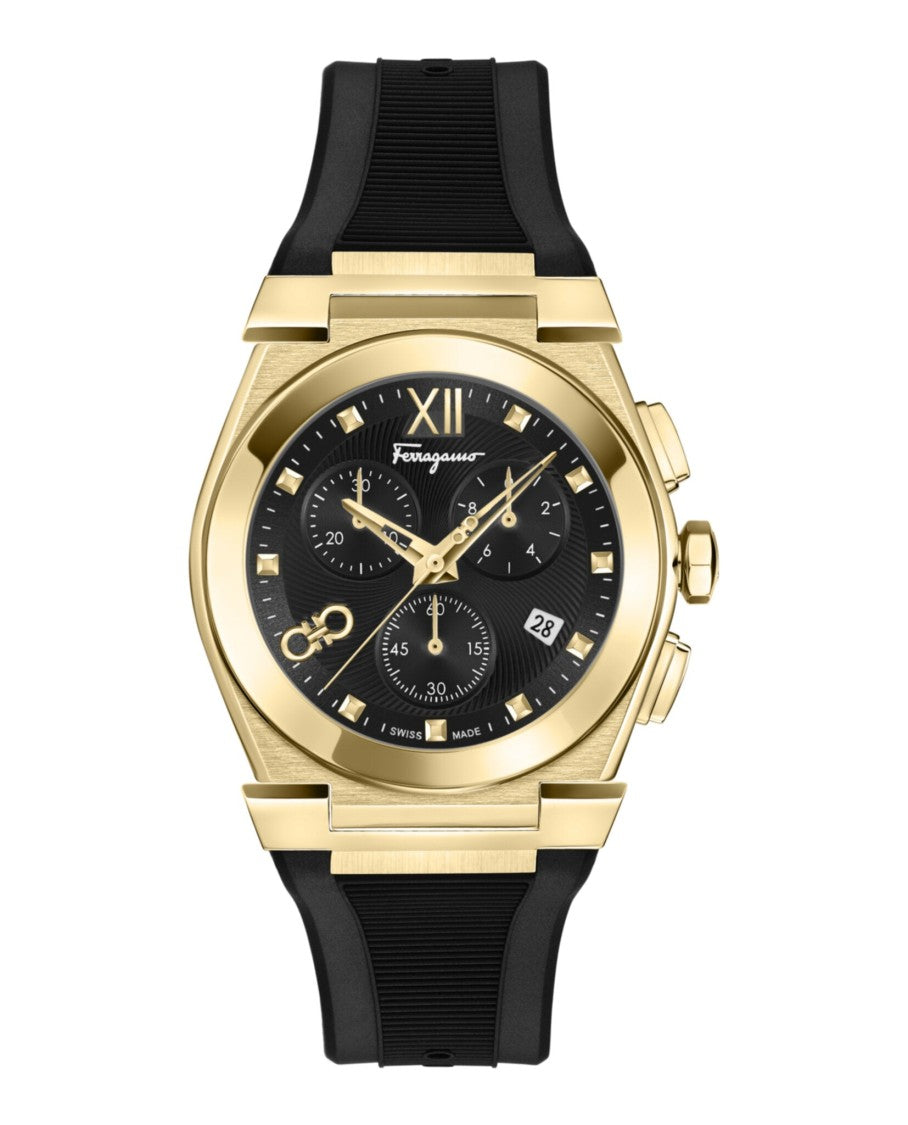 Ferragamo Vega Chrono Silicone Watch With Ip Yellow Gold Case And Guilloche Dial