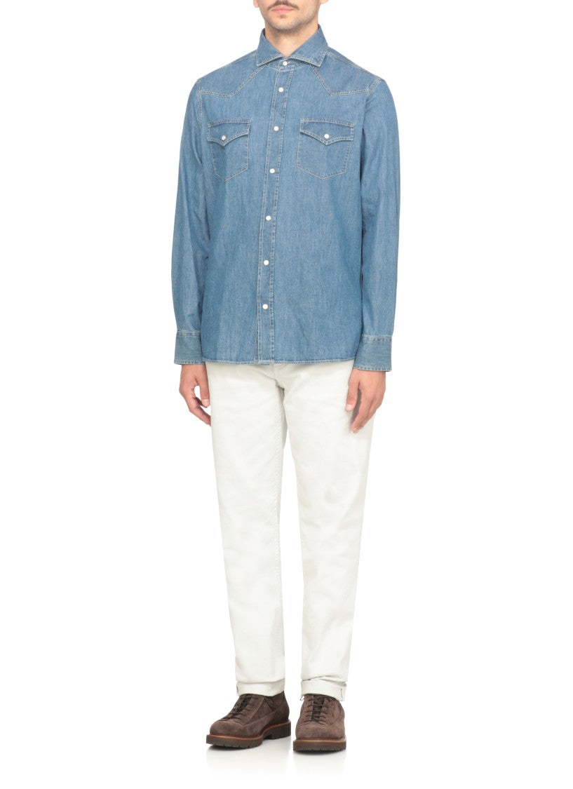 Brunello Cucinelli Medium Blue Denim-Textured Cotton Shirt