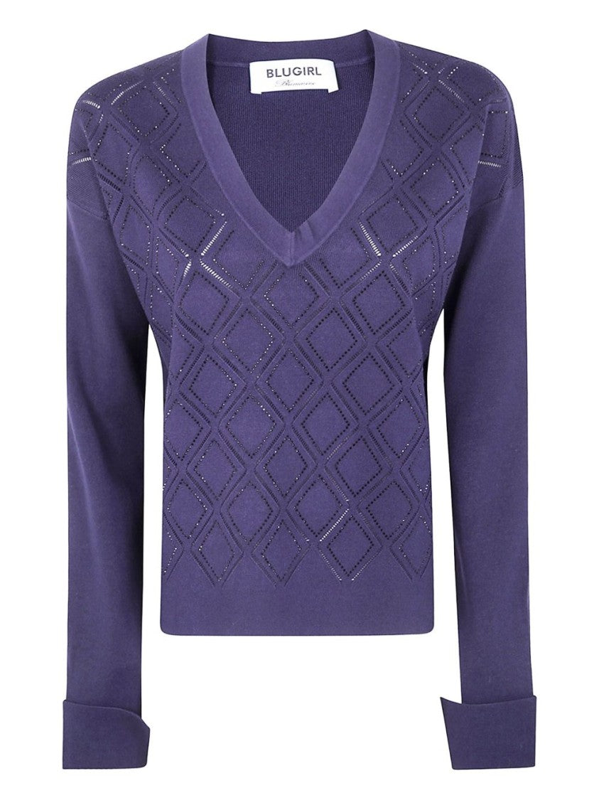Blugirl V-Neck Sweater With Rhombus Pattern And Embellished Detailing