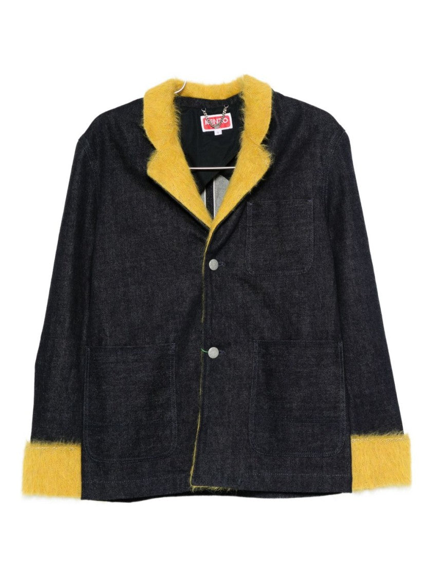 Kenzo Dark Blue Notched Lapel Button Sweater