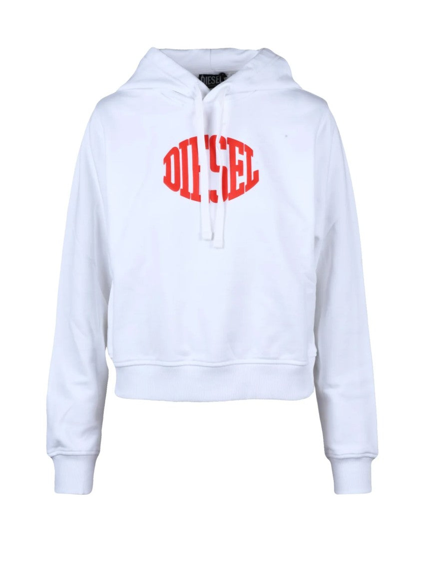 Diesel Cropped White Hoodie With Bold Red Logo And Adjustable Drawstring