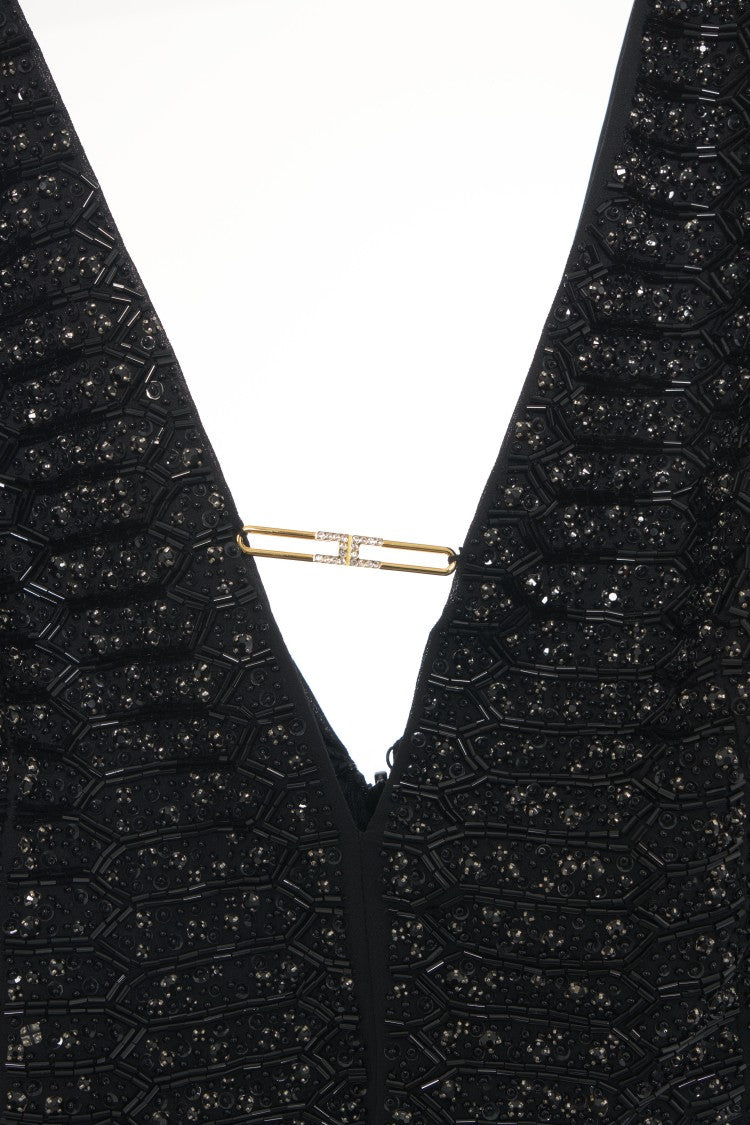 Elisabetta Franchi Maxi Dress With Sequined Deep V-Neckline