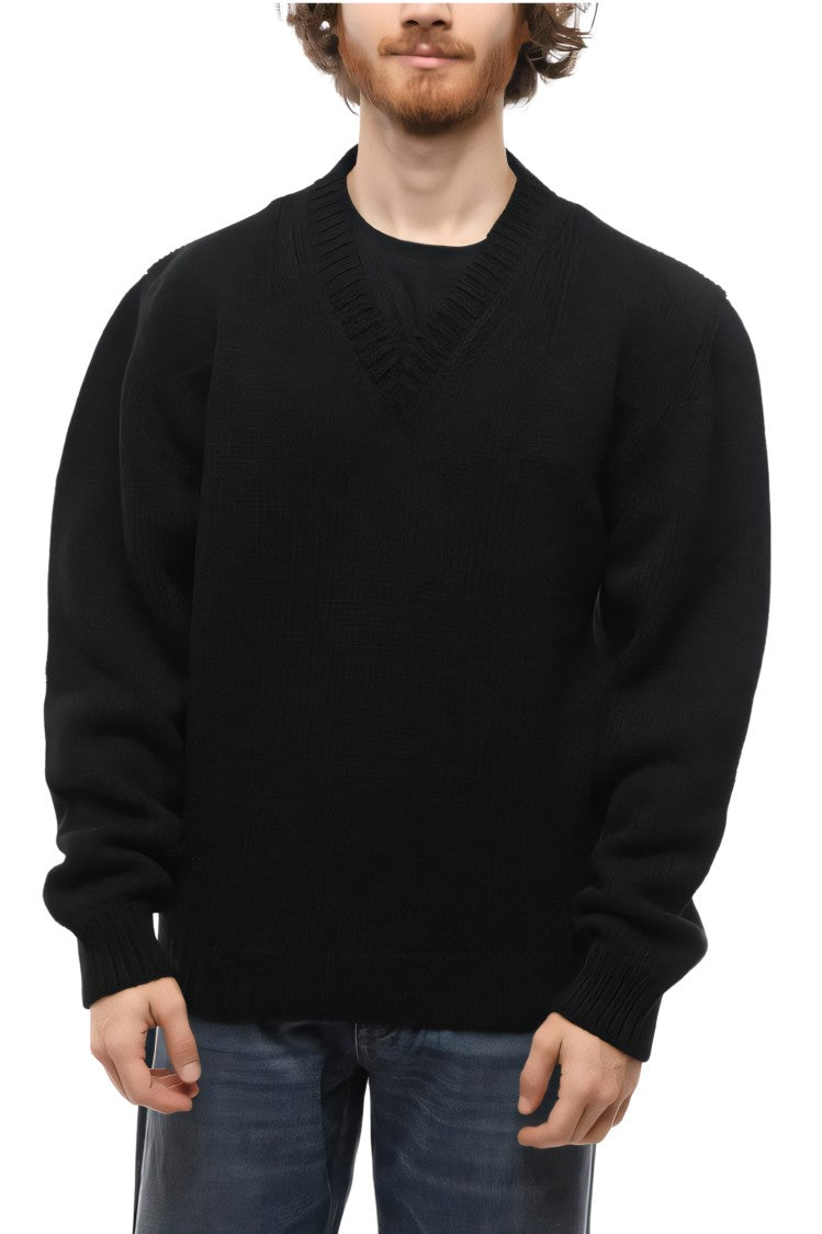 Prada Classic V-Neck Black Wool Sweater With Relaxed Fit