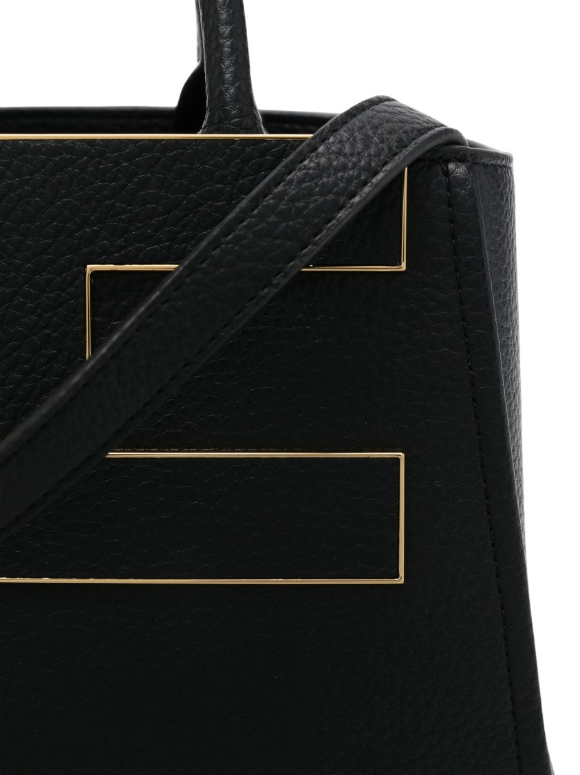 Elisabetta Franchi Trapezoidal Black Leather Gold-Logo Handbag