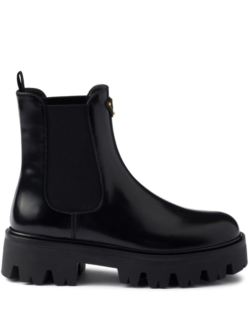 Prada Black Leather Lug Sole Ankle Boots