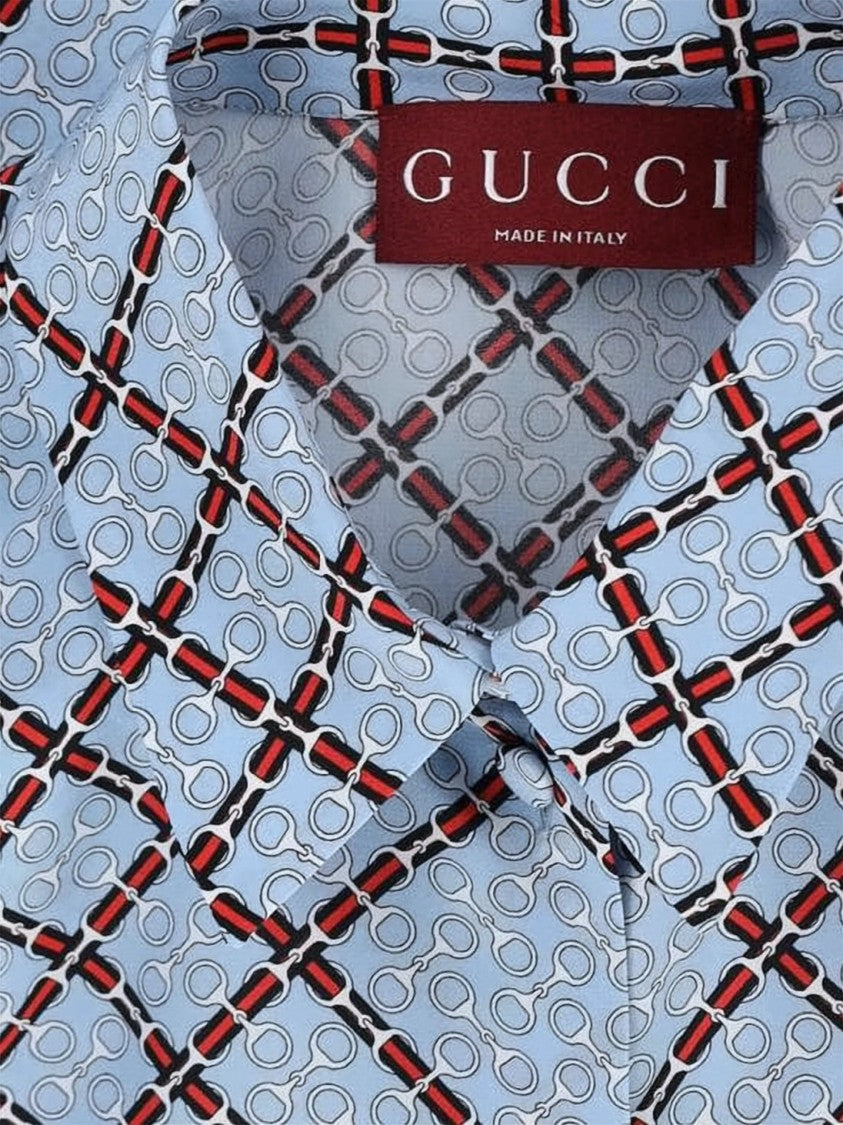 Gucci Light Blue Geometric Silk Blouse With Classic Collar