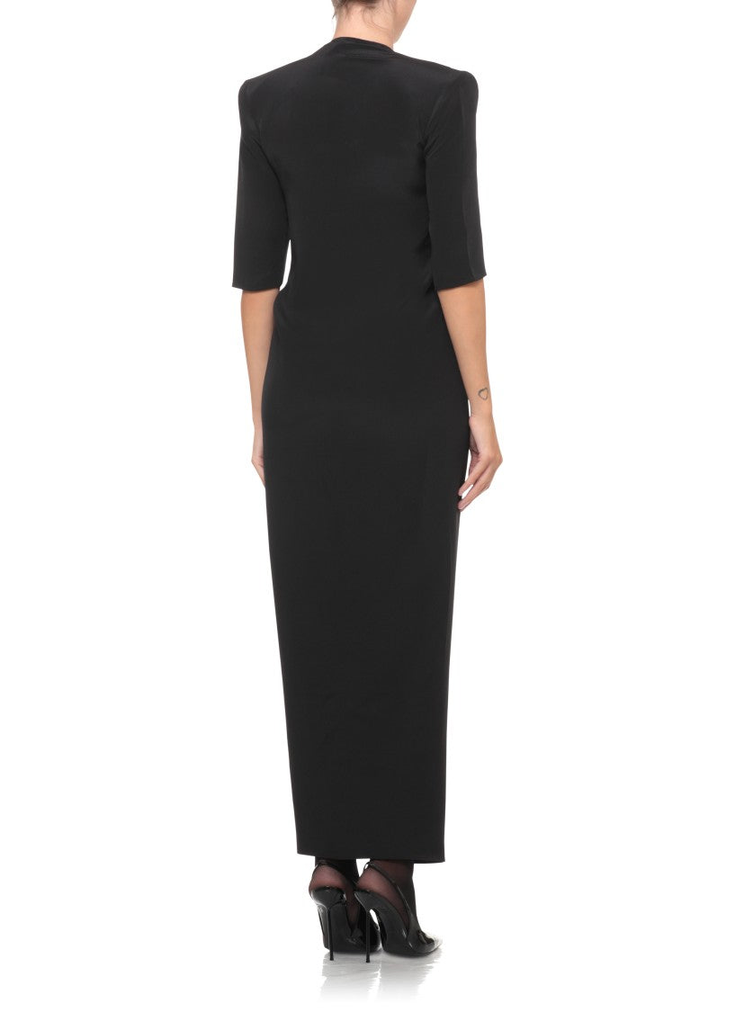 Loulou De Saison Black Padded Shoulders Front Slit Silk Maxi Dress