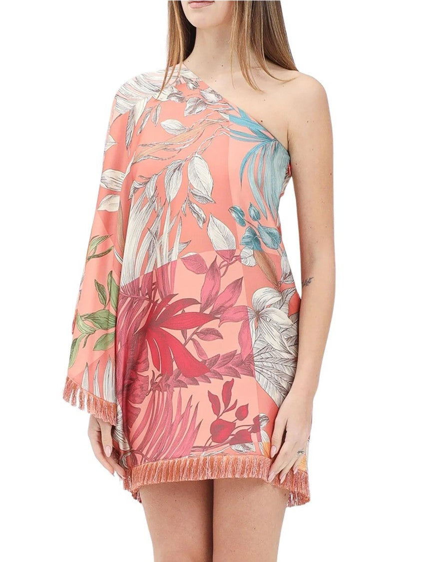 Simona Corsellini One-Shoulder Mini Dress With Botanical Print And Fringe Detail