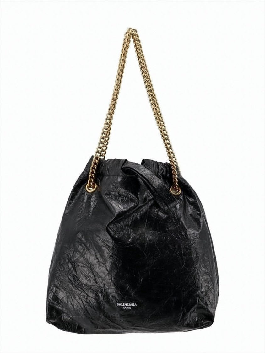 Balenciaga Slouchy Shoulder Bag With Crinkled Texture And Gold-Tone Chain Handles