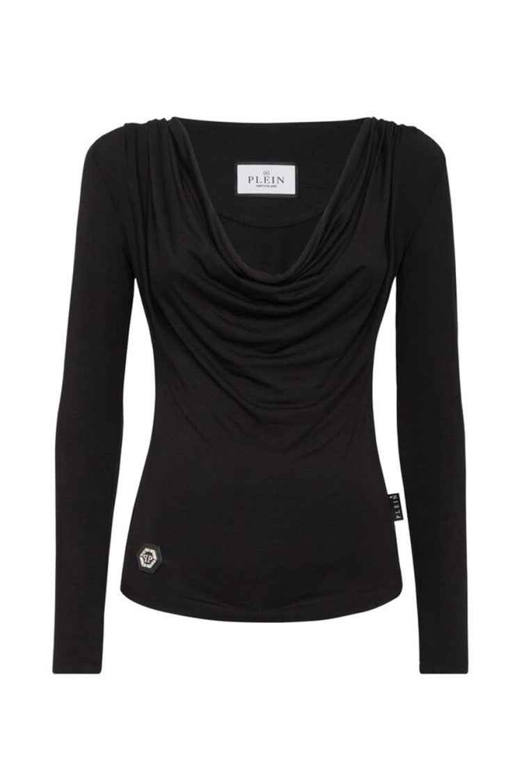 Philipp Plein Black Modal Cowl-Neck Long-Sleeve Top