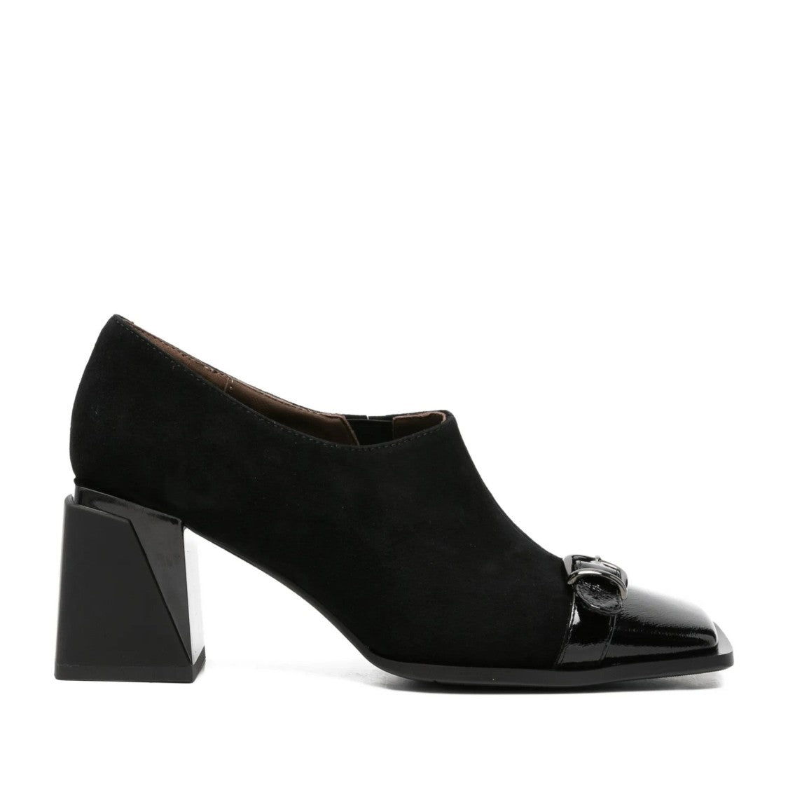 Linda Baumann Black Glossy Patent Toe Cap Buckle Suede Dress Pumps