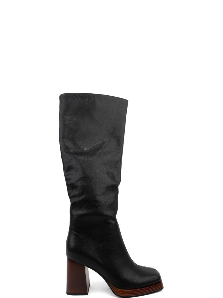 Adrianna Feretti Black Smooth Leather Block Heel Side Zip Long Boots