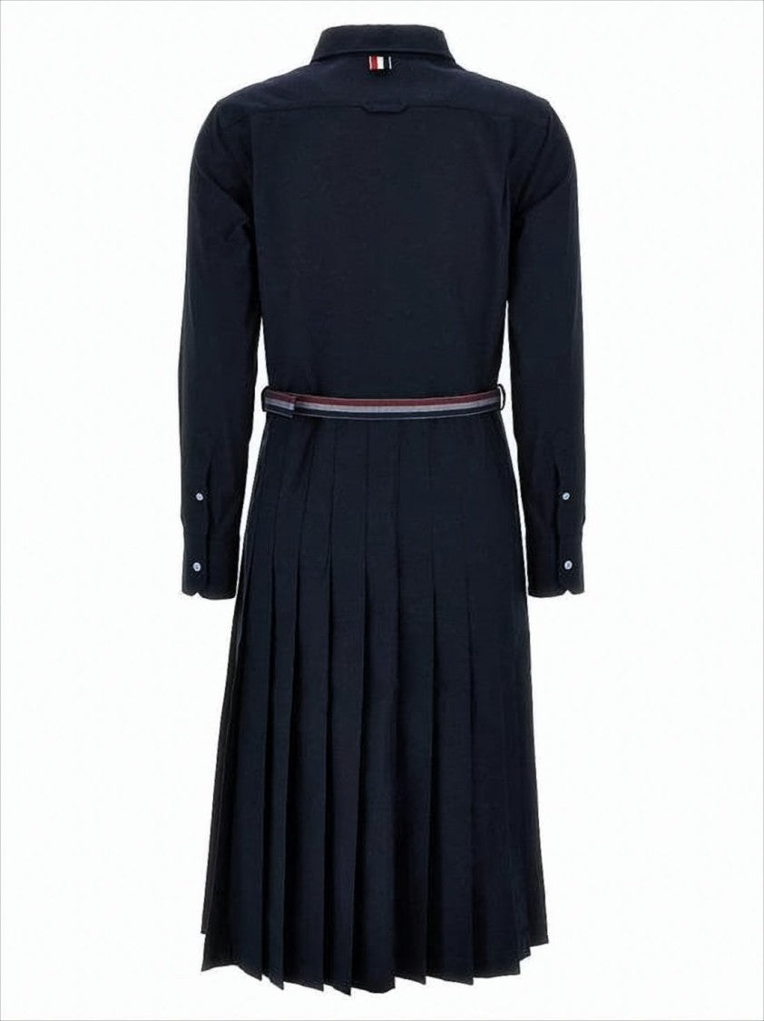 Thom Browne Pleated Midi Dress With Classic Collar And Waist Belt