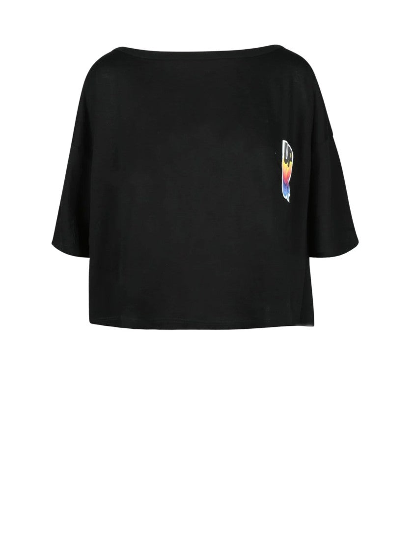 Douuod Black Cropped Relaxed-Fit Cotton T-Shirt