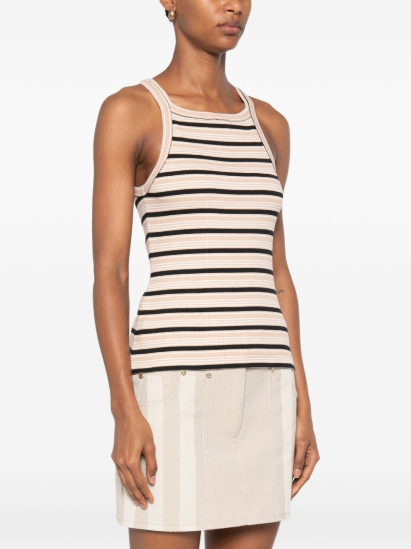 Fendi Ribbed Horizontal Stripes Leather Detail Tank Top