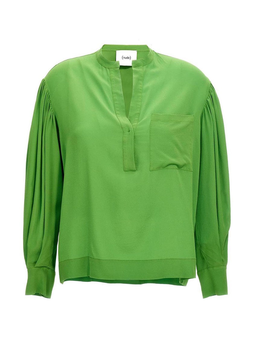 Nude Emerald Silk Blouse With Cuffed Long Sleeves