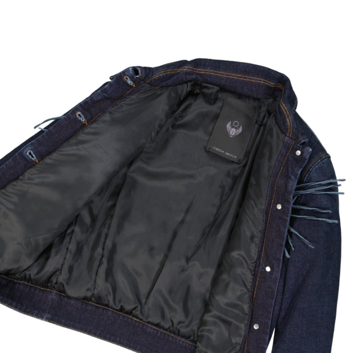 Frankie Morello Padded Denim Jacket With Leather Fringe Details