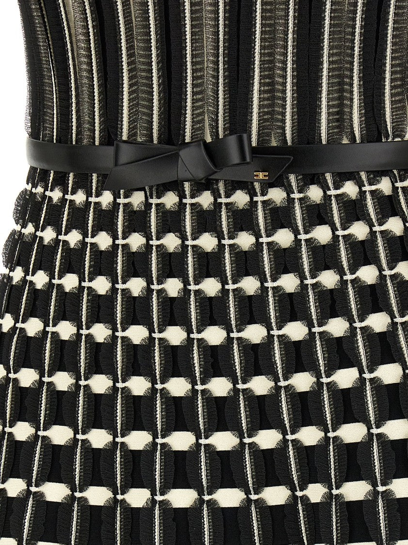Elisabetta Franchi Organza-Appliqué Striped Knit Midi Dress