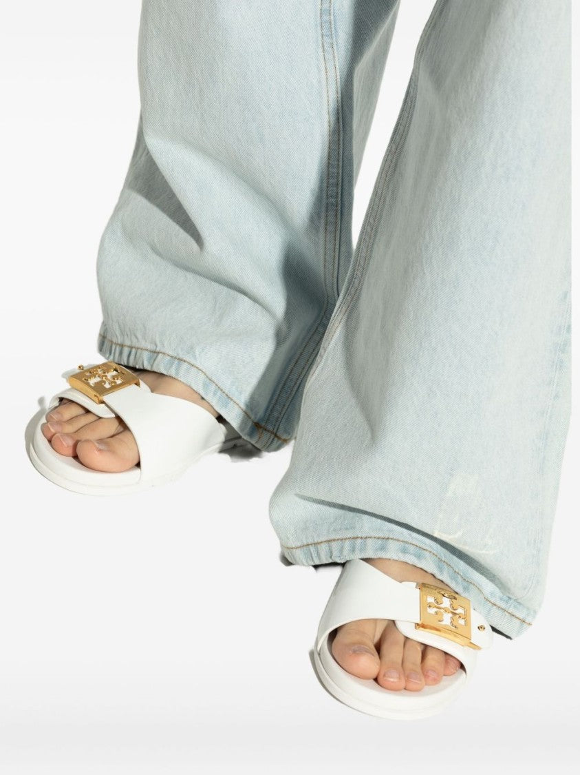 Tory Burch Minimalist White Sandals With Gold-Tone Buckle Detail