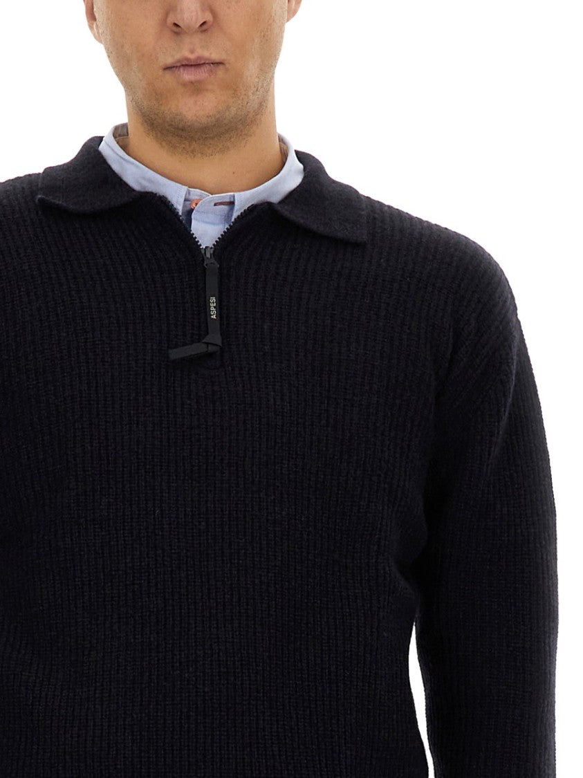 Aspesi Textured Ribbed Black Wool Jersey