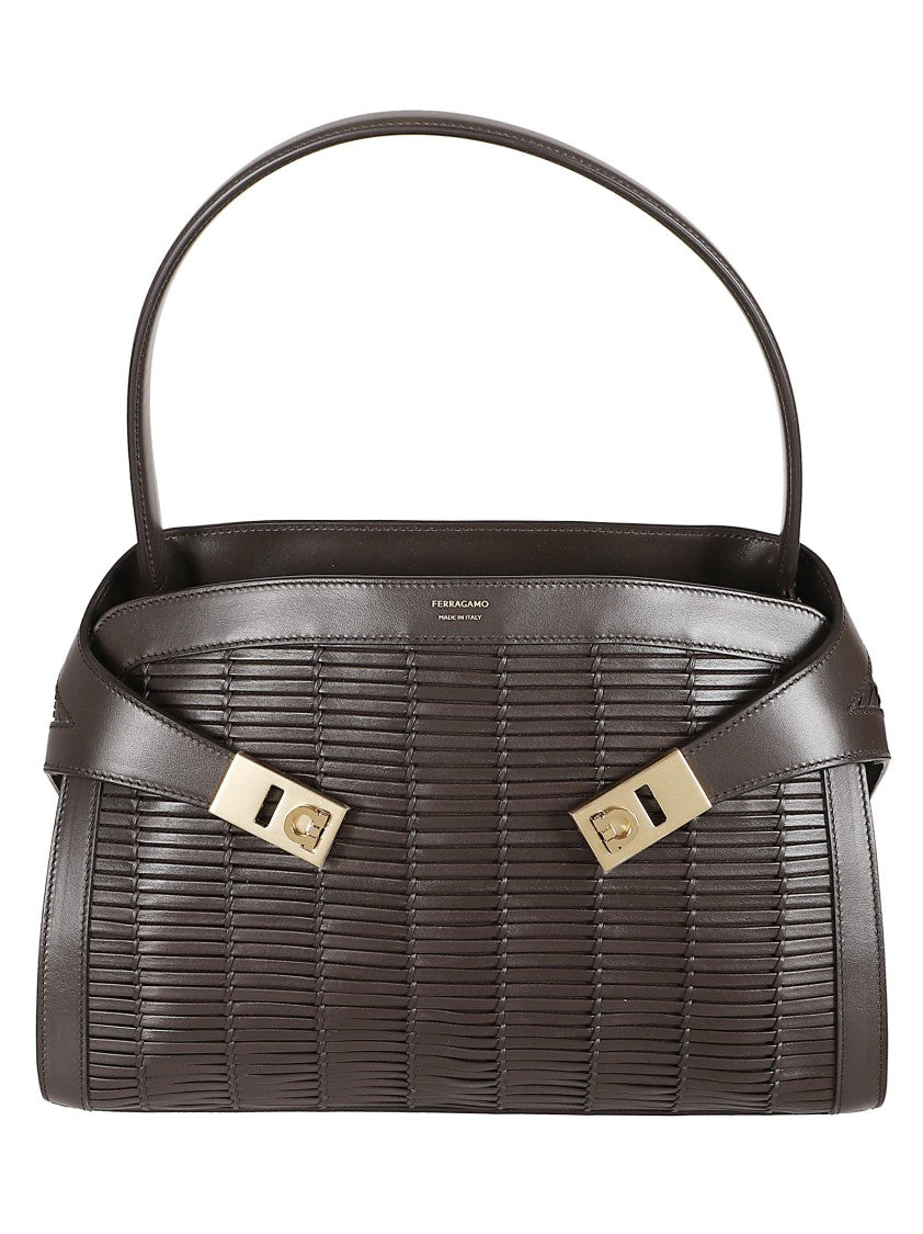Ferragamo Structured Brown Handbag With Woven Leather Design And Gold Accents
