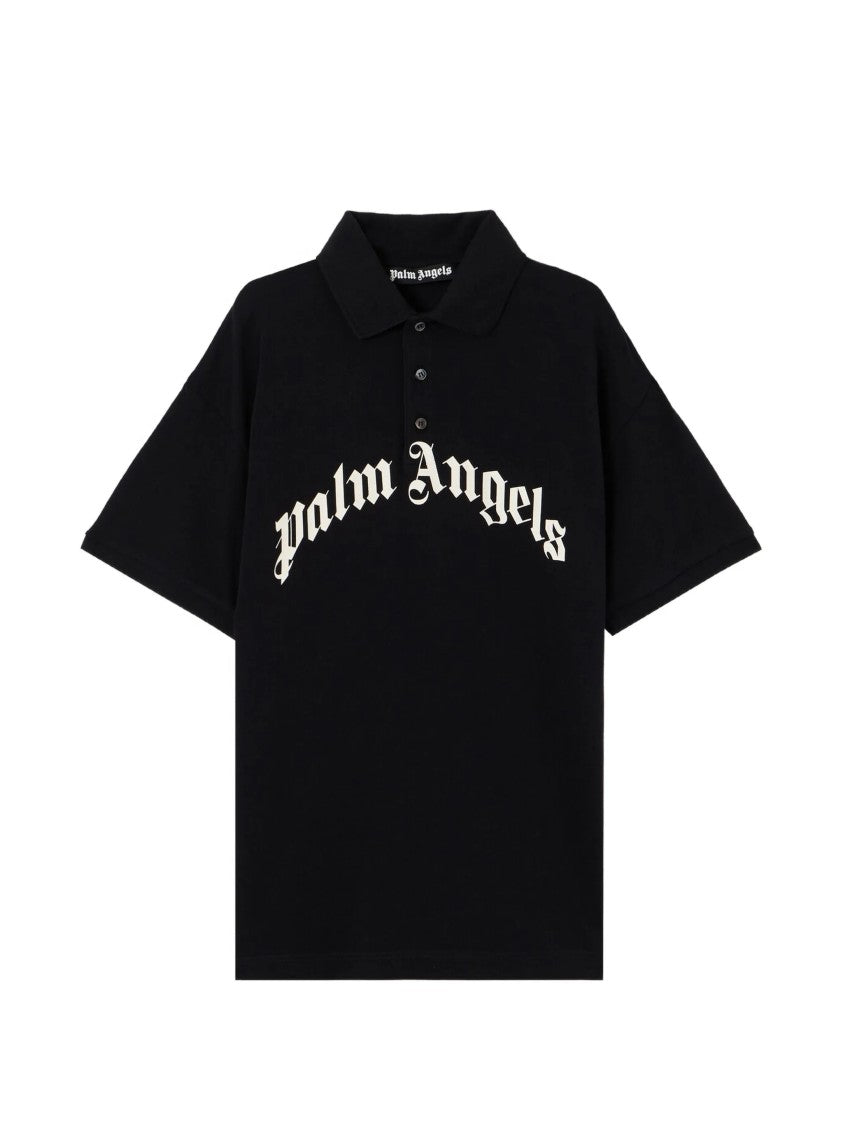 Palm Angels Black Curved Logo Polo Cotton Shirt