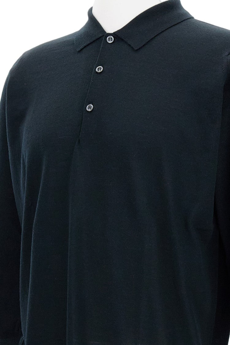 John Smedley Black Merino Wool Long-Sleeved Polo Shirt