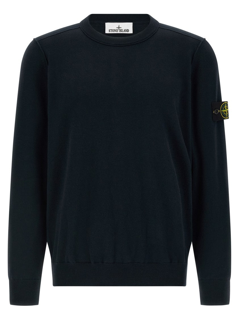 Stone Island Black Organic Cotton Sweater With Logo Badge Appliqué