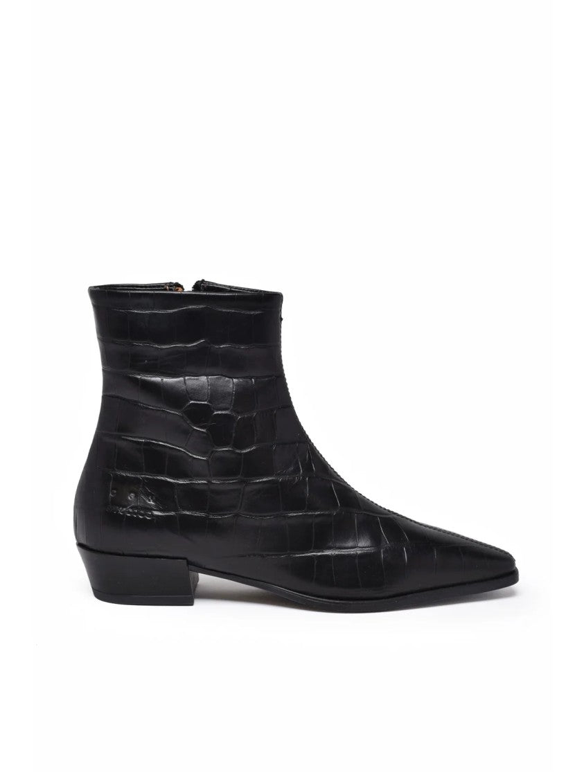 Copenhagen Studios Black Textured Leather Zip Pointed Toe Ankle Boots