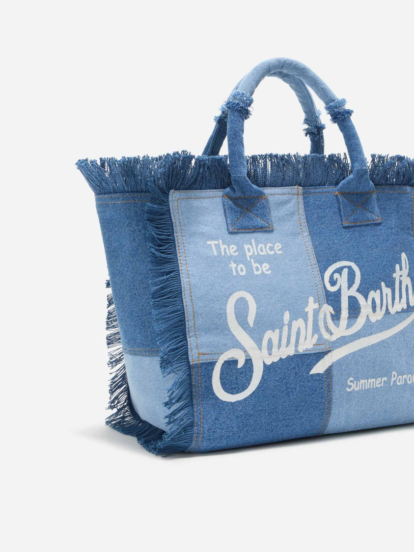 Mc2 Saint Barth Patchwork Denim Tote Bag With Fringed Edges