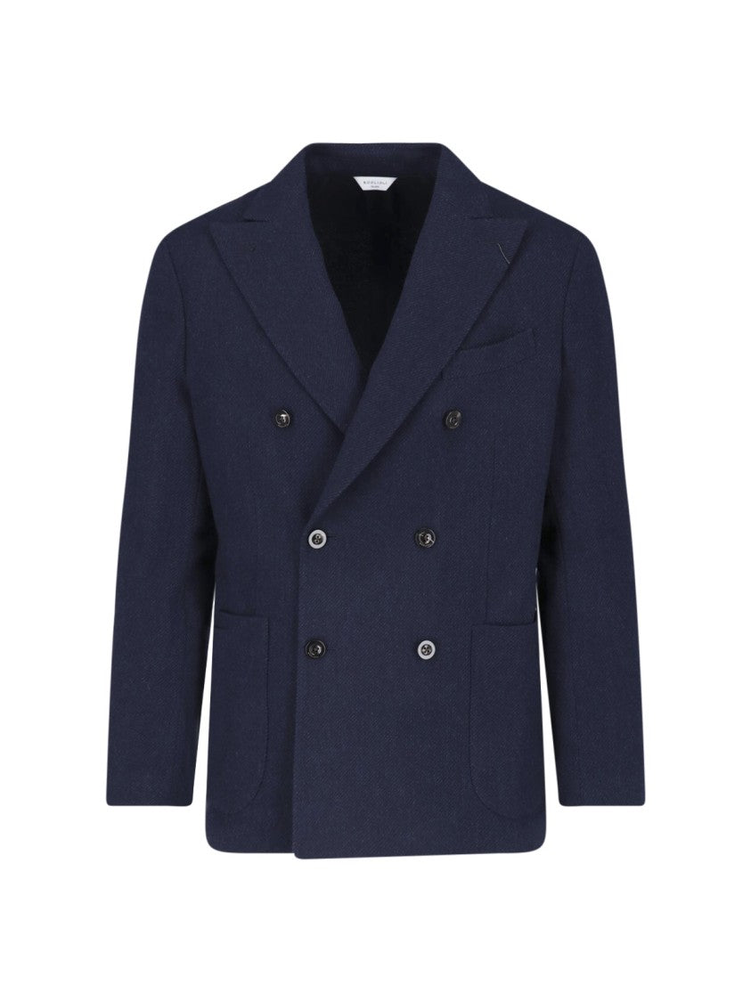 Boglioli Double-Breasted Navy Wide Lapels Textured Blazer
