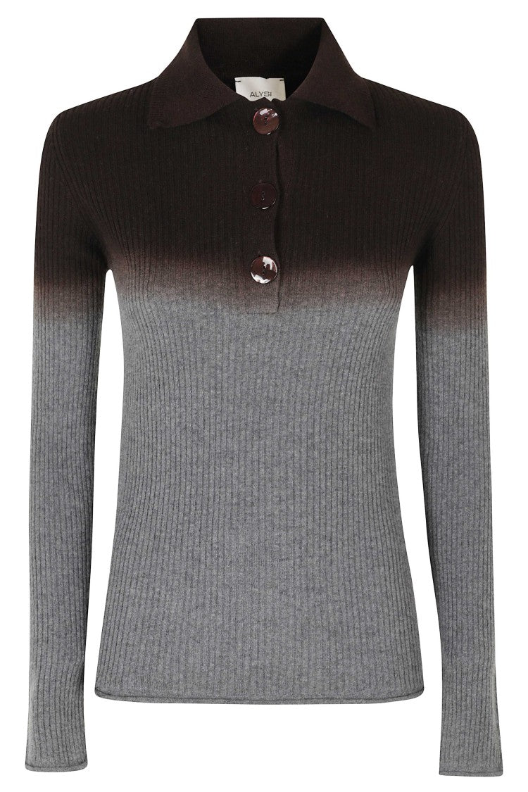 Alysi Gray Brown Fancy Knit Gradient Wool-Blend Polo Shirt