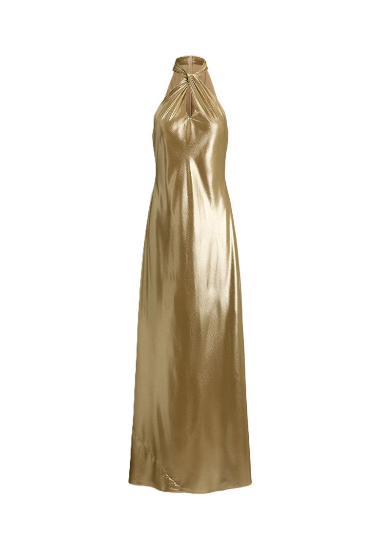 Lauren Ralph Lauren Metallic Gold Halter Keyhole Maxi Dress