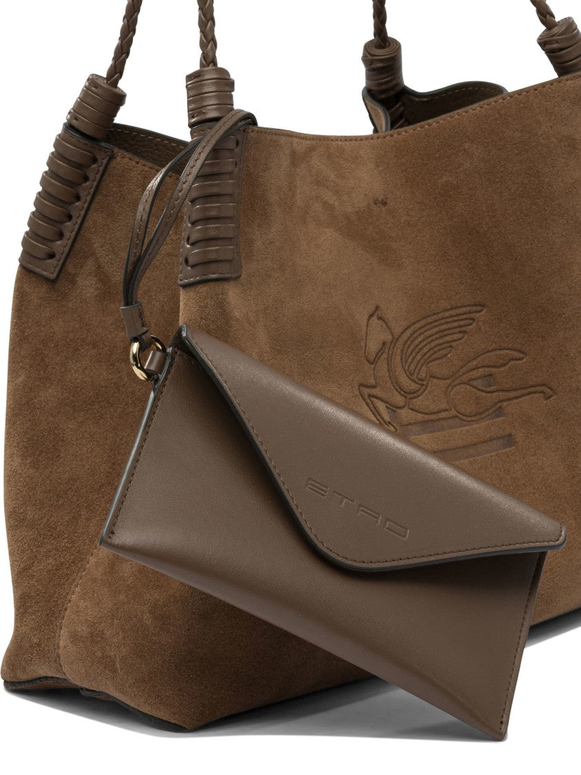 Etro Spacious Trapezoidal Shoulder Bag In Brown Suede